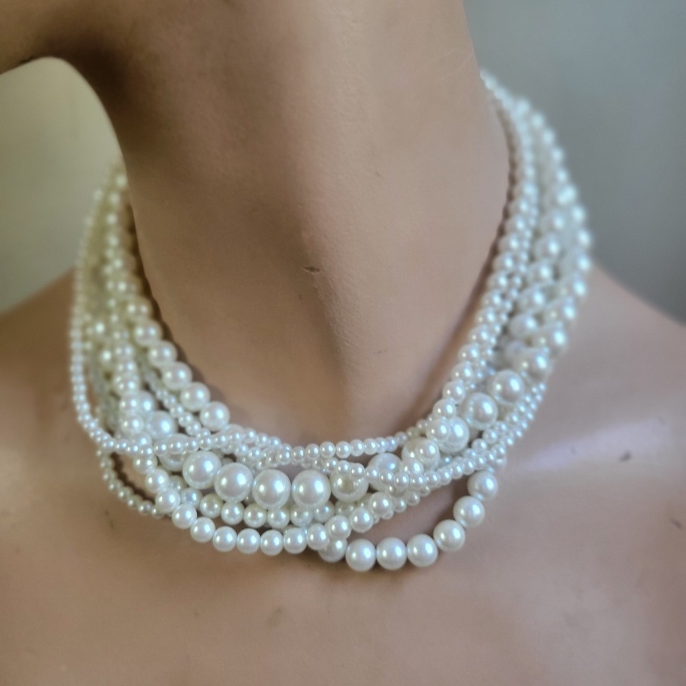 Vintage Multi Strand Faux Pearl Choker Necklace Gold Tone Clasp Coquette 50s/60s